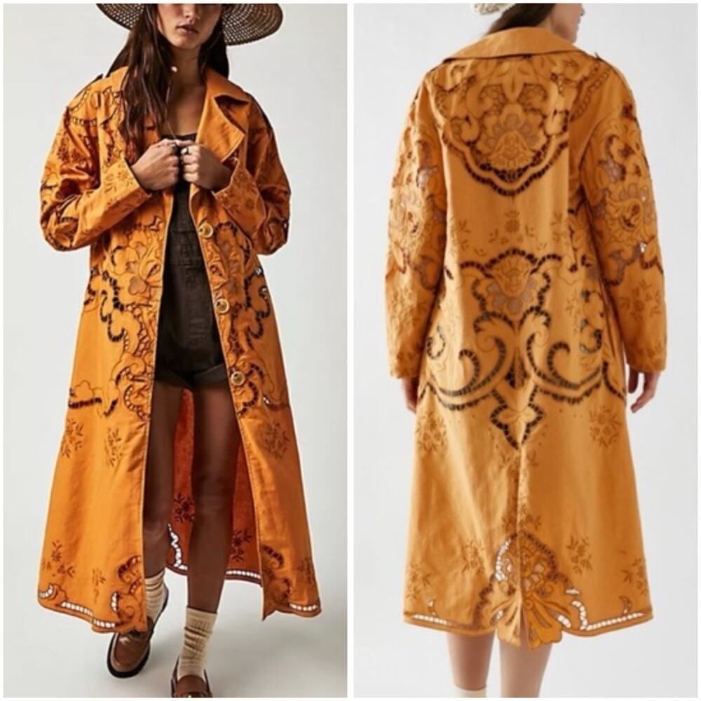 Free People Mustard Embroidered Trench Coat